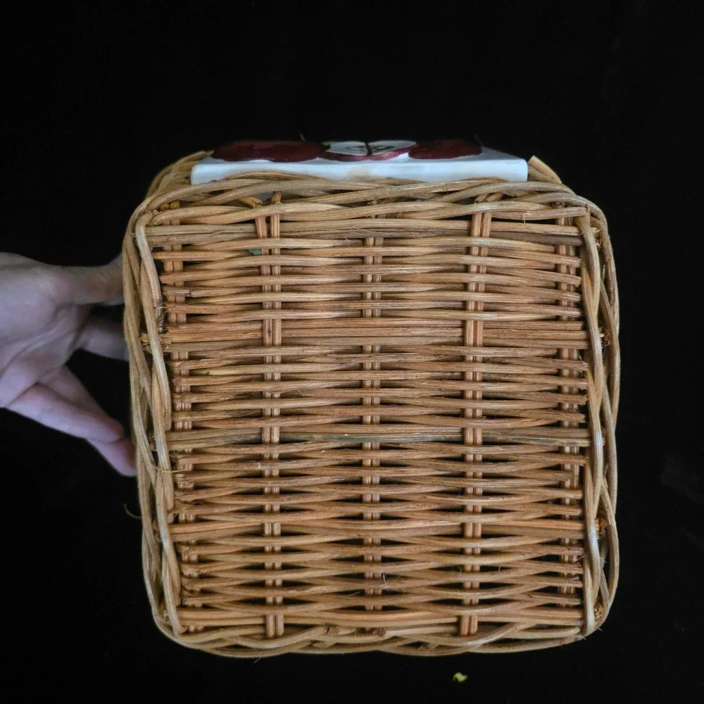 Woven Wicker Basket with Apple Ceramic Tile Green Trim‎ Farmhouse Cottagecore